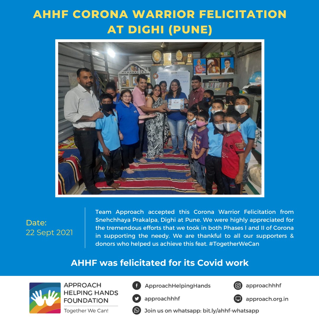 Poster: AHHF Corona Warrior Felicitation at Dighi, Pune, on 22 September 2021, with a group photo of the team and children.