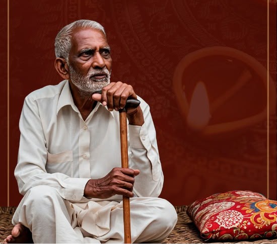 An elderly man sitting with a walking stick, lit diyas glowing behind him